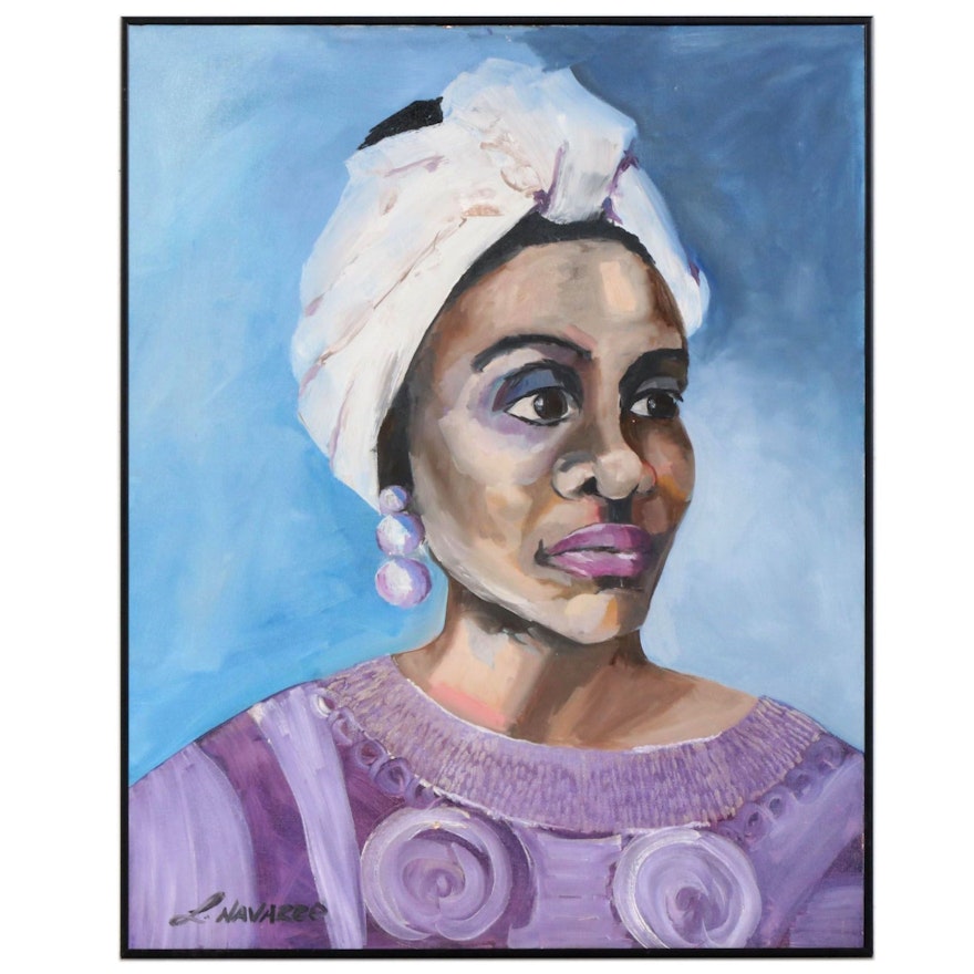 Acrylic Painting Portrait of Woman in Purple, Late 20th to 21st Century