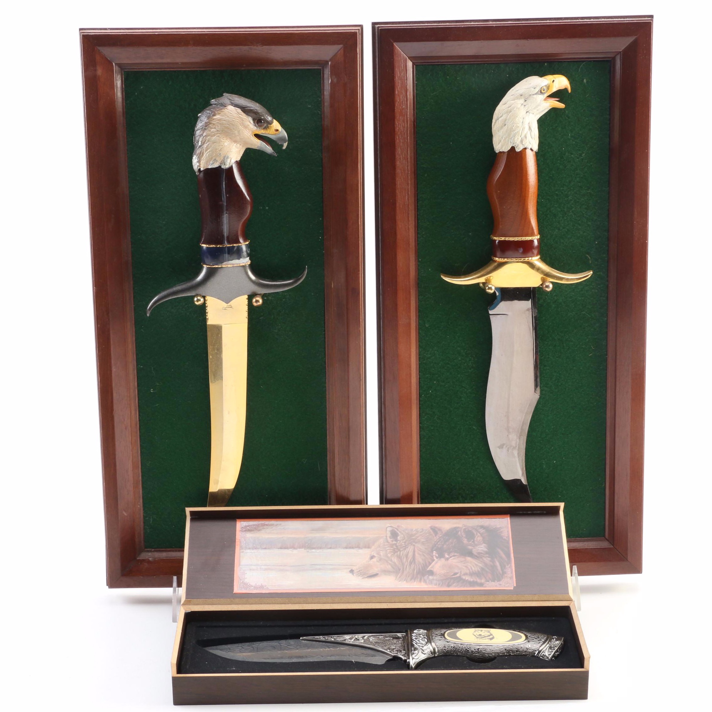 Franklin Mint Ray Beers Eagle and Bald Eagle Knives and Wolf Motif Knife