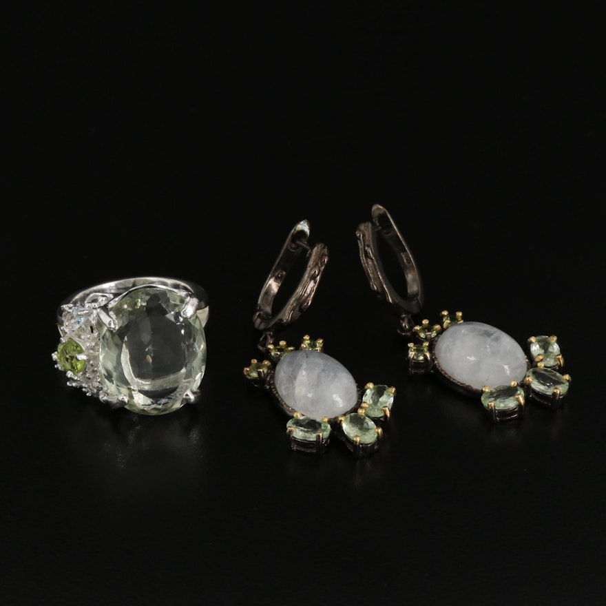 Sterling Silver Moonstone, Prasiolite and Peridot Ring and Earrings