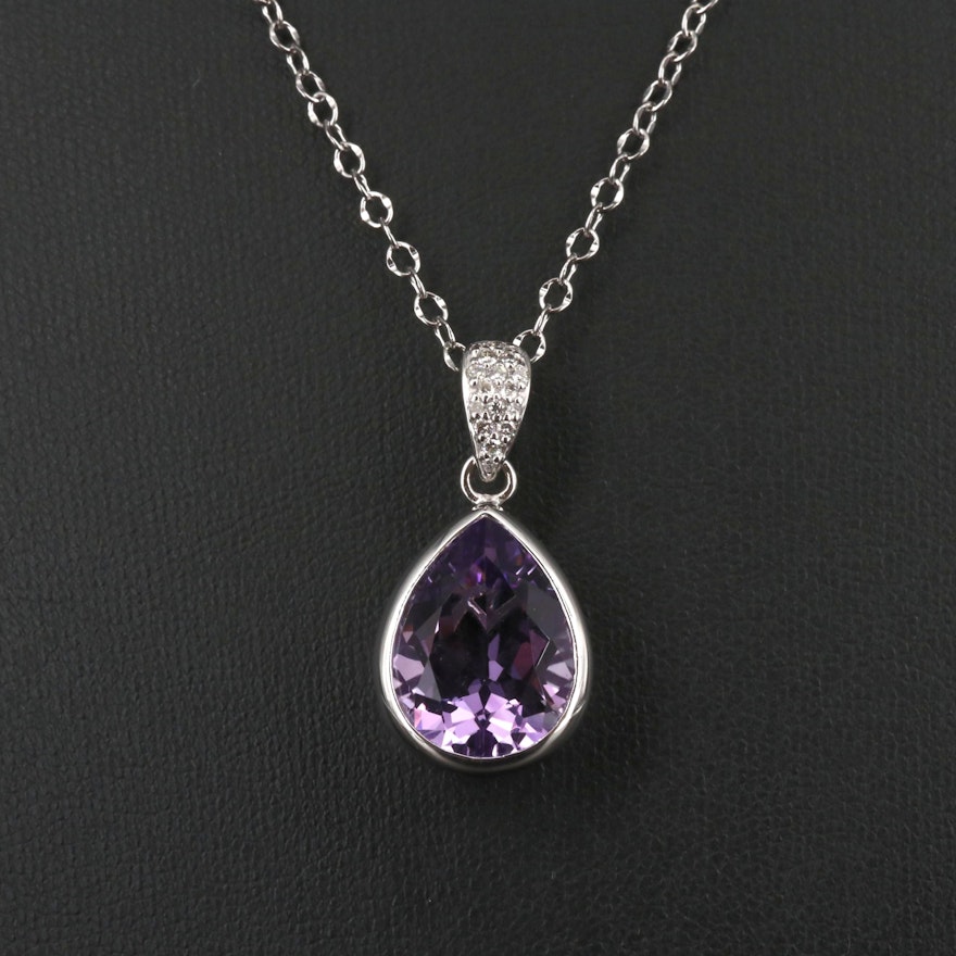 Sterling Silver Amethyst and Diamond Pendant Necklace