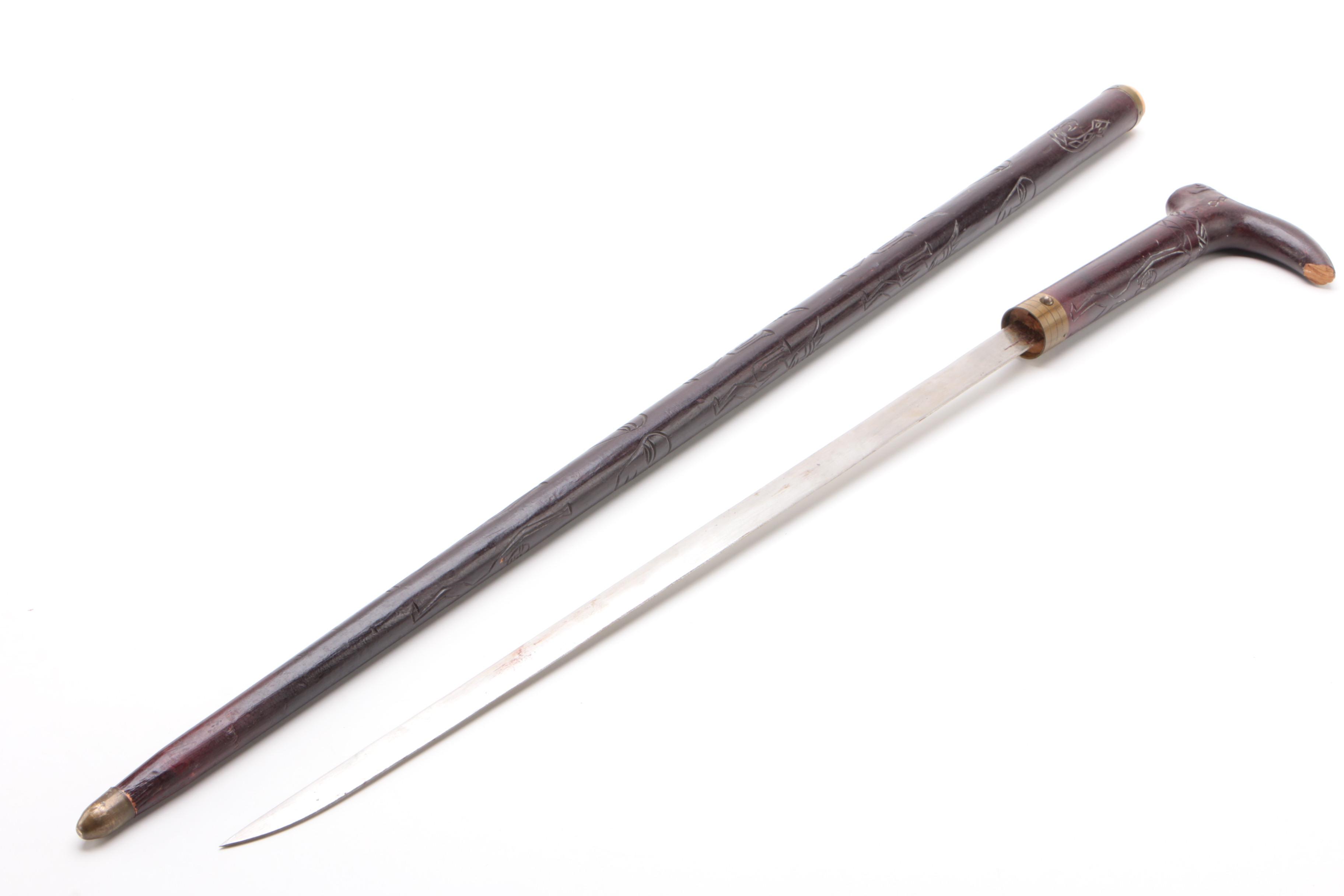 African Sword Cane with Thorn Wood Cane and Ebonized Wood Walking Stick