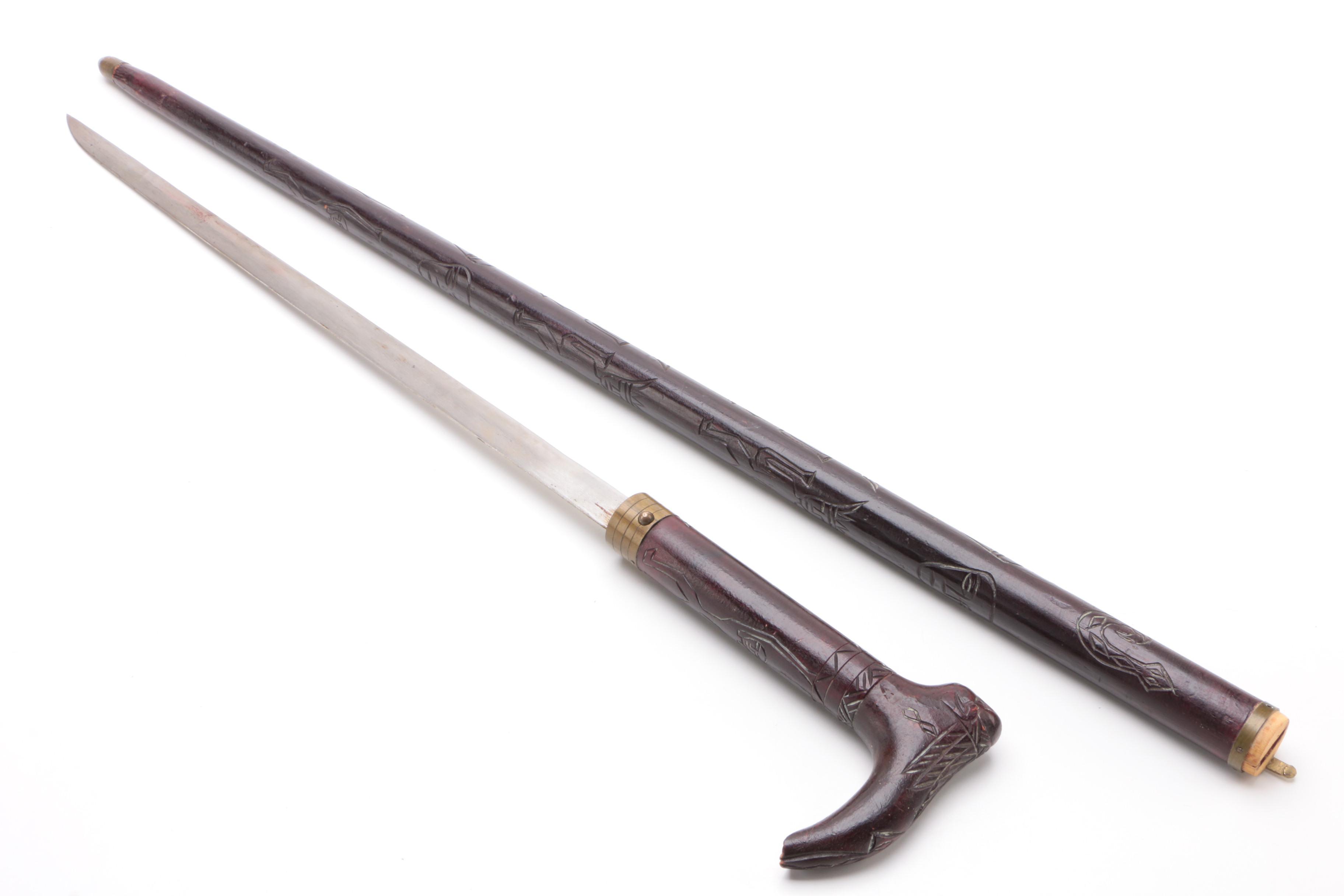 African Sword Cane with Thorn Wood Cane and Ebonized Wood Walking Stick