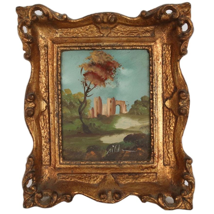 Miniature Impressionist Style Oil Painting of Castle in Landscape, 20th Century