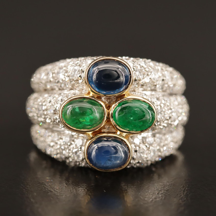 18K Emerald, Sapphire and 2.50 CTW Pavé Diamond Ring