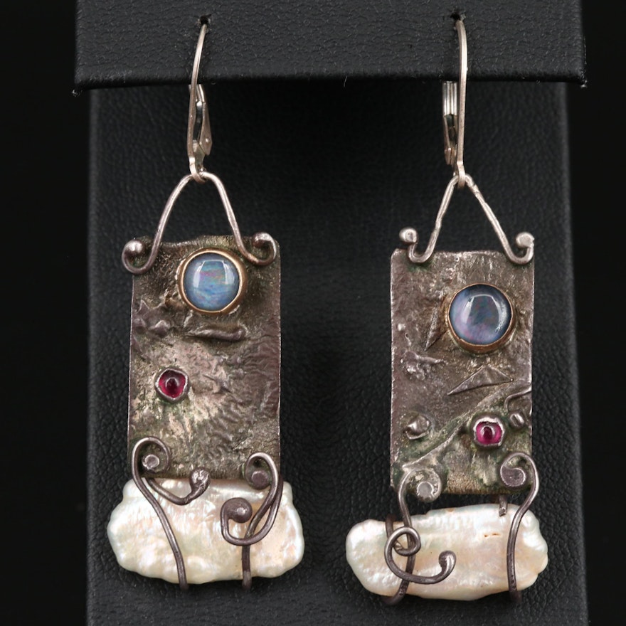 Sterling Opal Doublet, Tourmaline and Pearl Earrings with 14K Accents