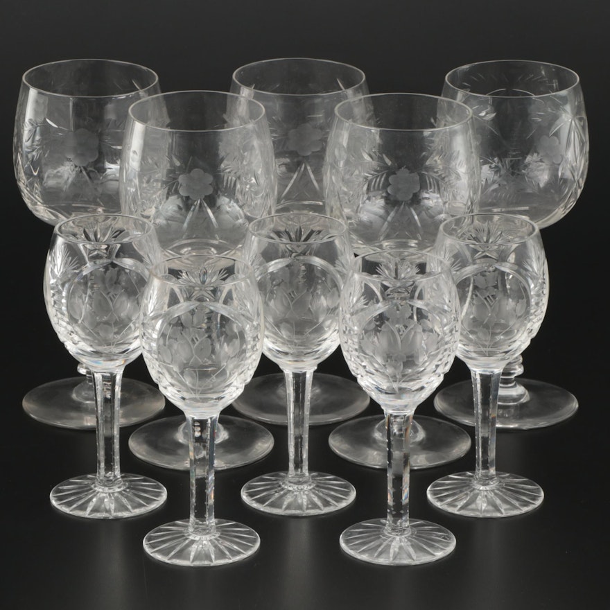 Floral Motif Etched and Pressed Glass Stemware, Mid-20th Century
