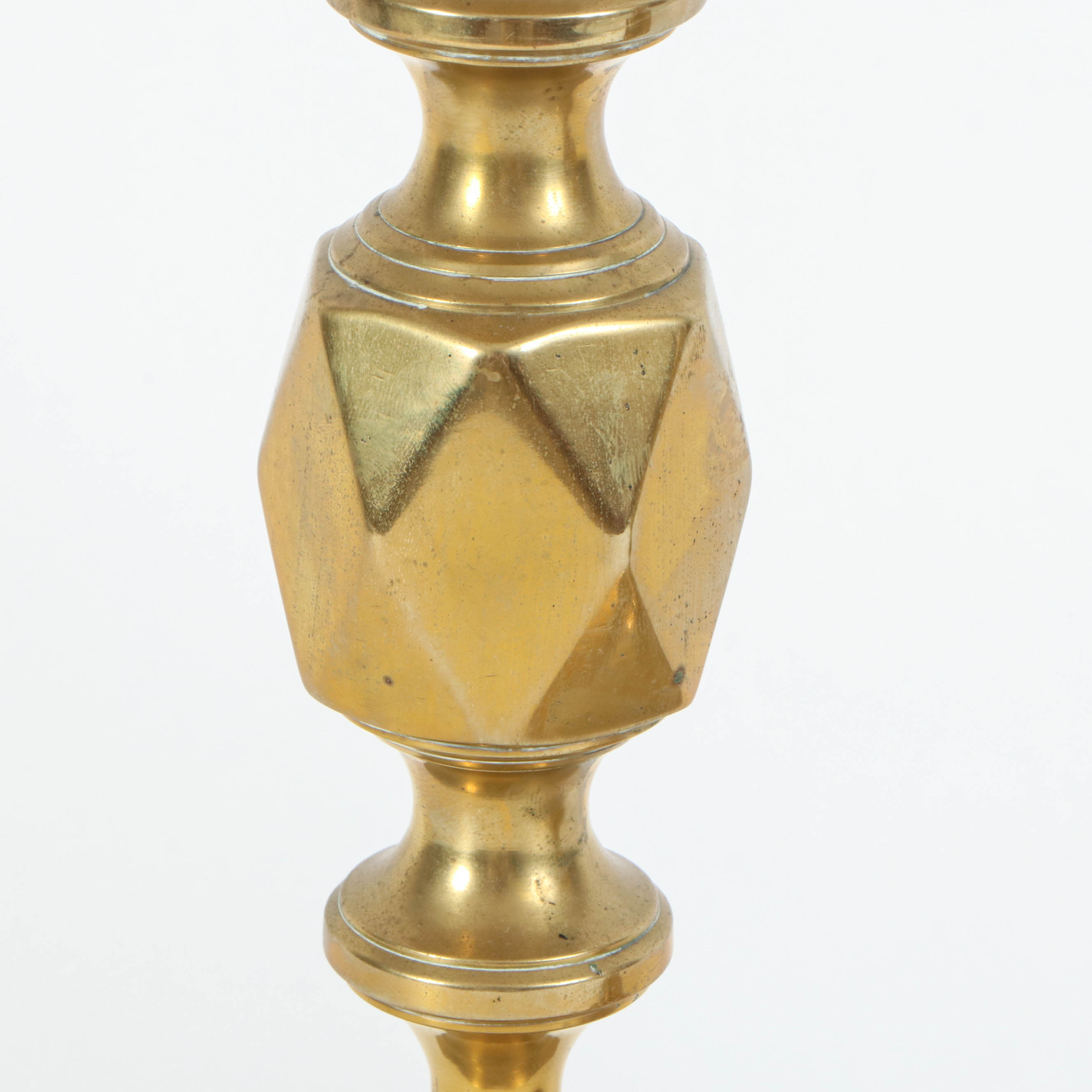 English Victorian "Queen of Diamonds" Brass Ejector Candlesticks, Late 19th c.