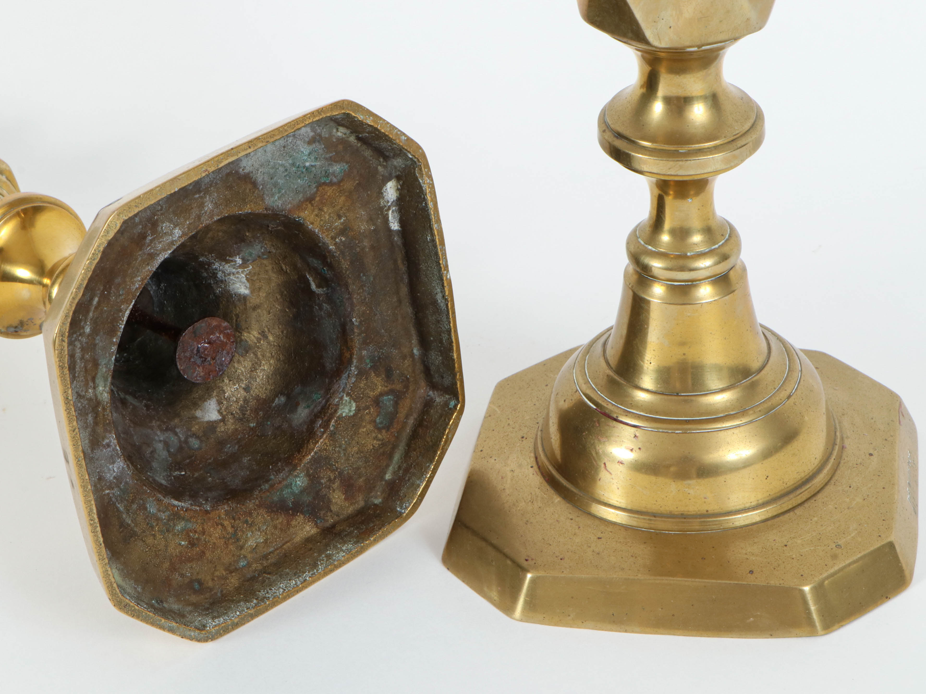 English Victorian "Queen of Diamonds" Brass Ejector Candlesticks, Late 19th c.