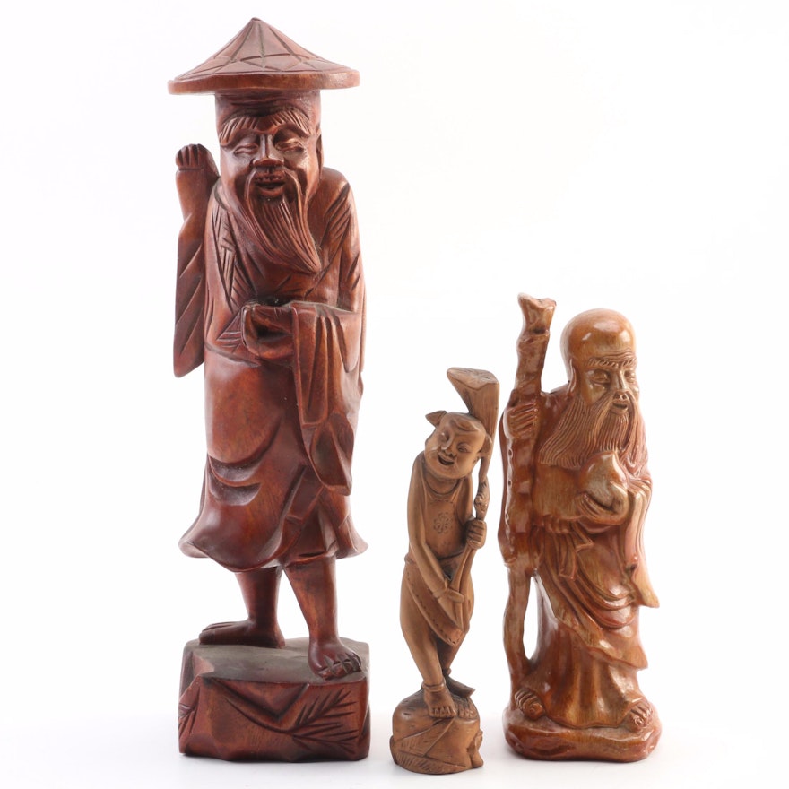 Asian Motif Hand Carved Wooden and Folk Figurines