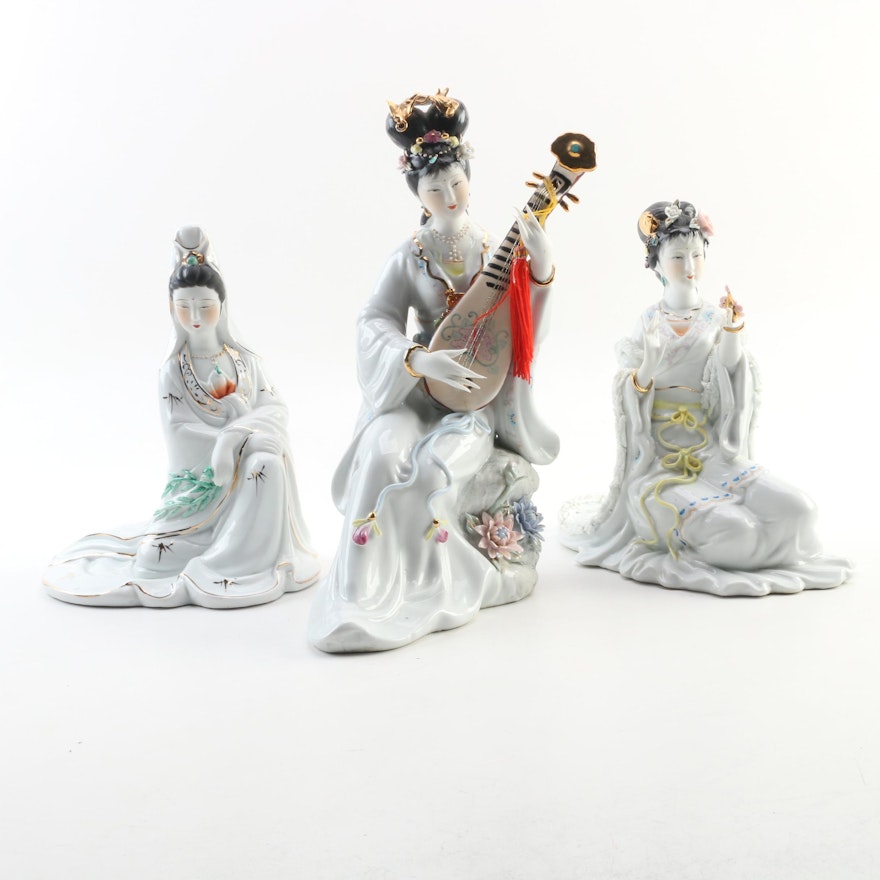 Chinese Hand-Painted Porcelain Performing Artist Figurines, Late 20th Century