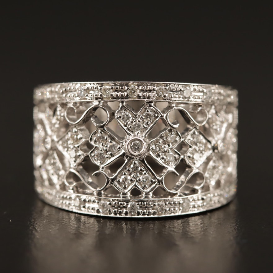 18K Diamond Filigree Ring with Floral Motif