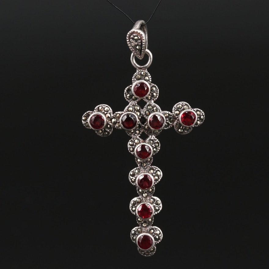 Sterling Silver Garnet and Marcasite Cross Pendant