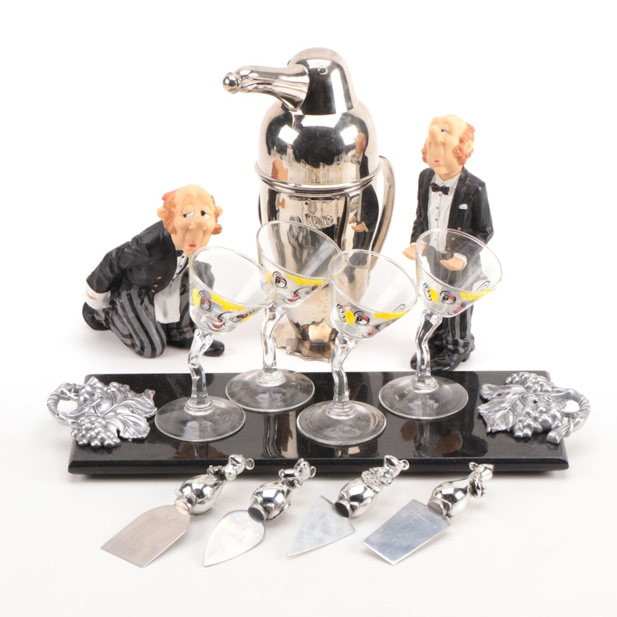 Penguin Cocktail Shaker With Cheese Servers and Other Barware