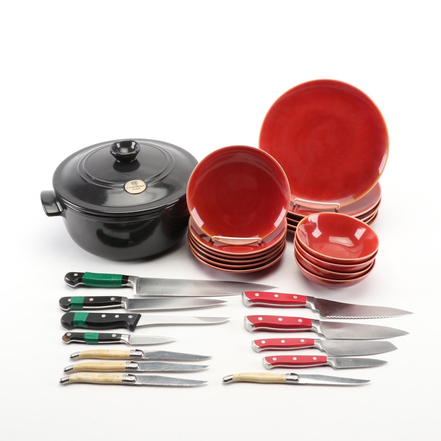 Emile Henry Dutch Oven with Wolfgang Puck Dinnerware and Assorted Cutlery