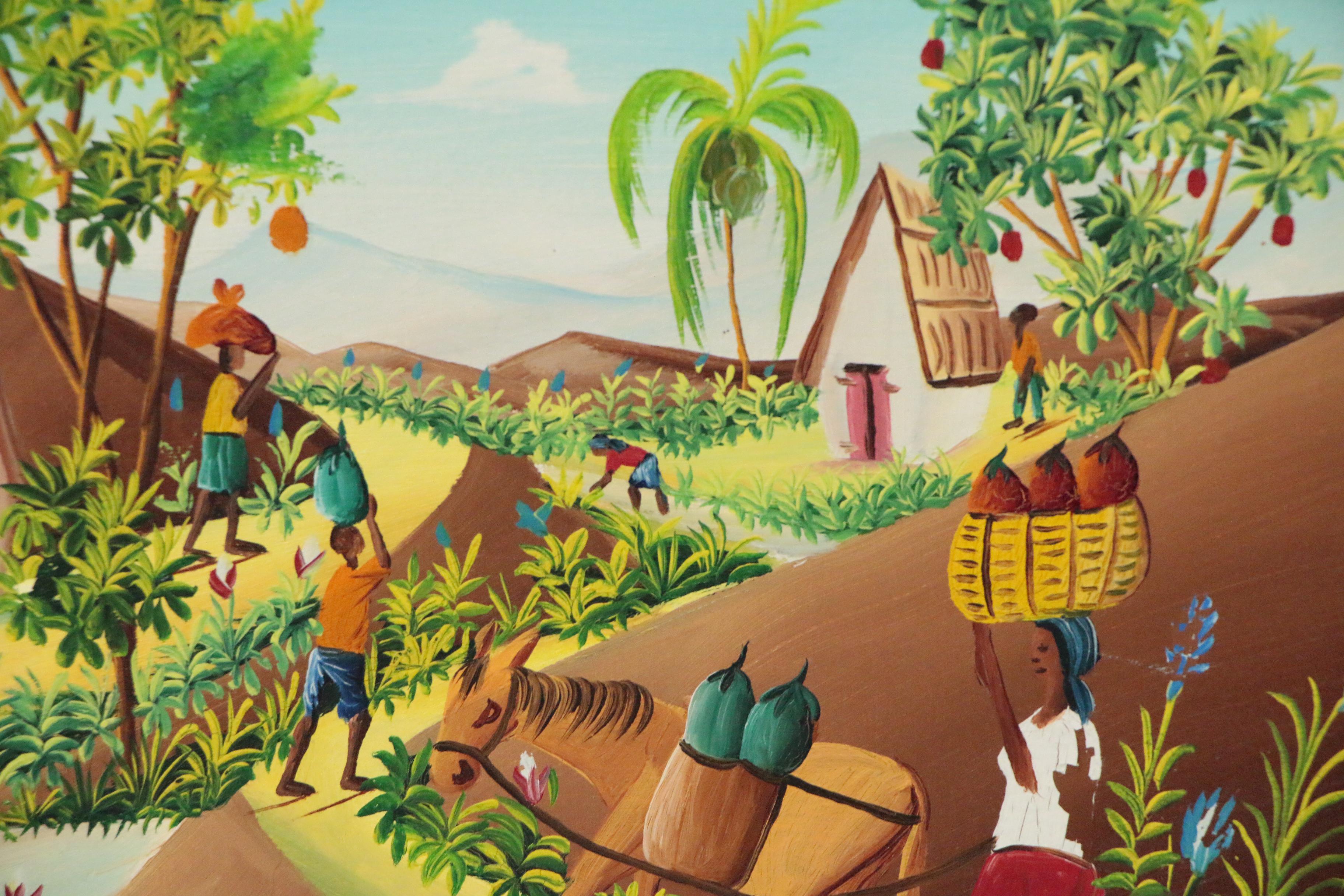 Charles Valito Haitian Folk Oil Painting of Figures in Tropical Village