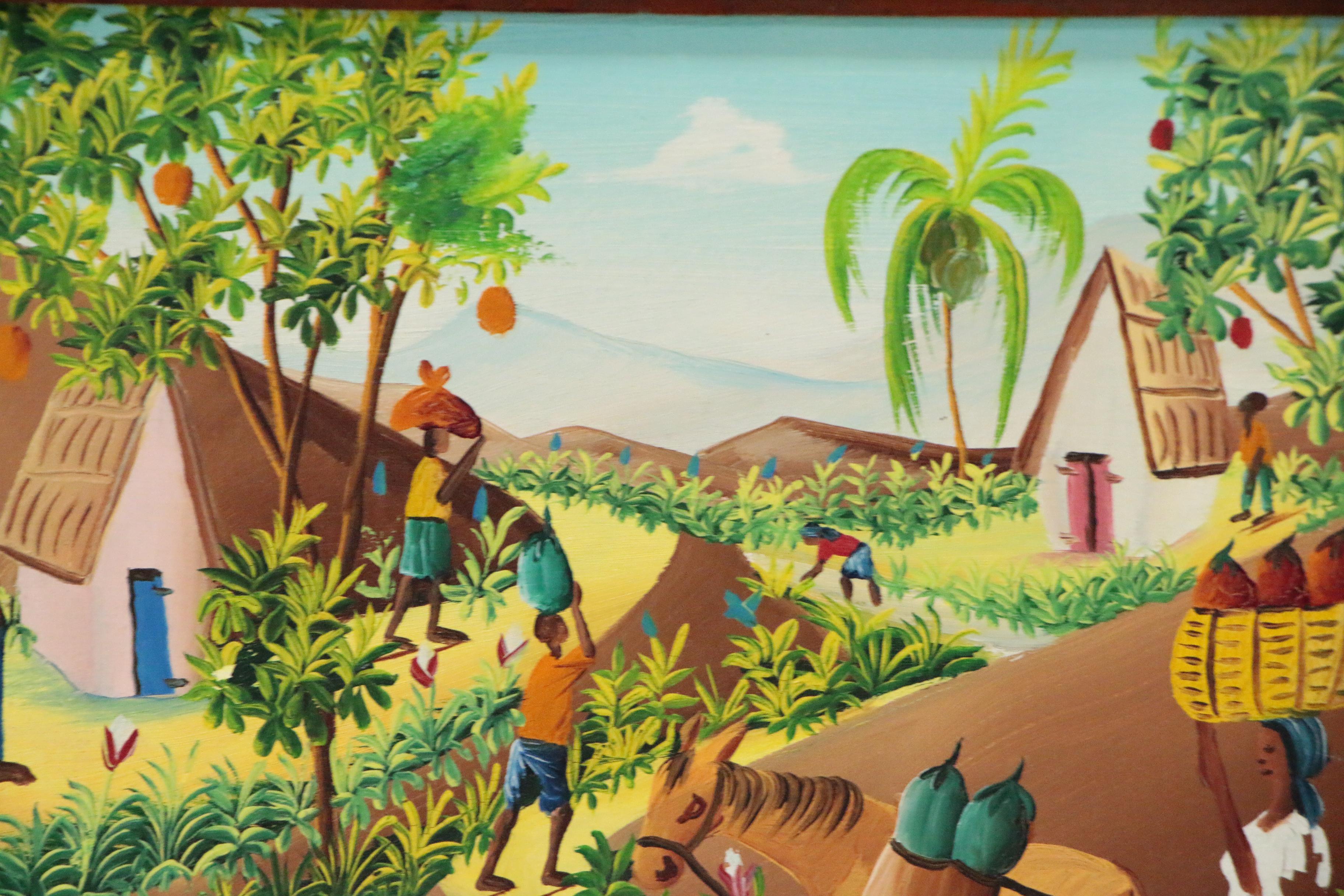 Charles Valito Haitian Folk Oil Painting of Figures in Tropical Village