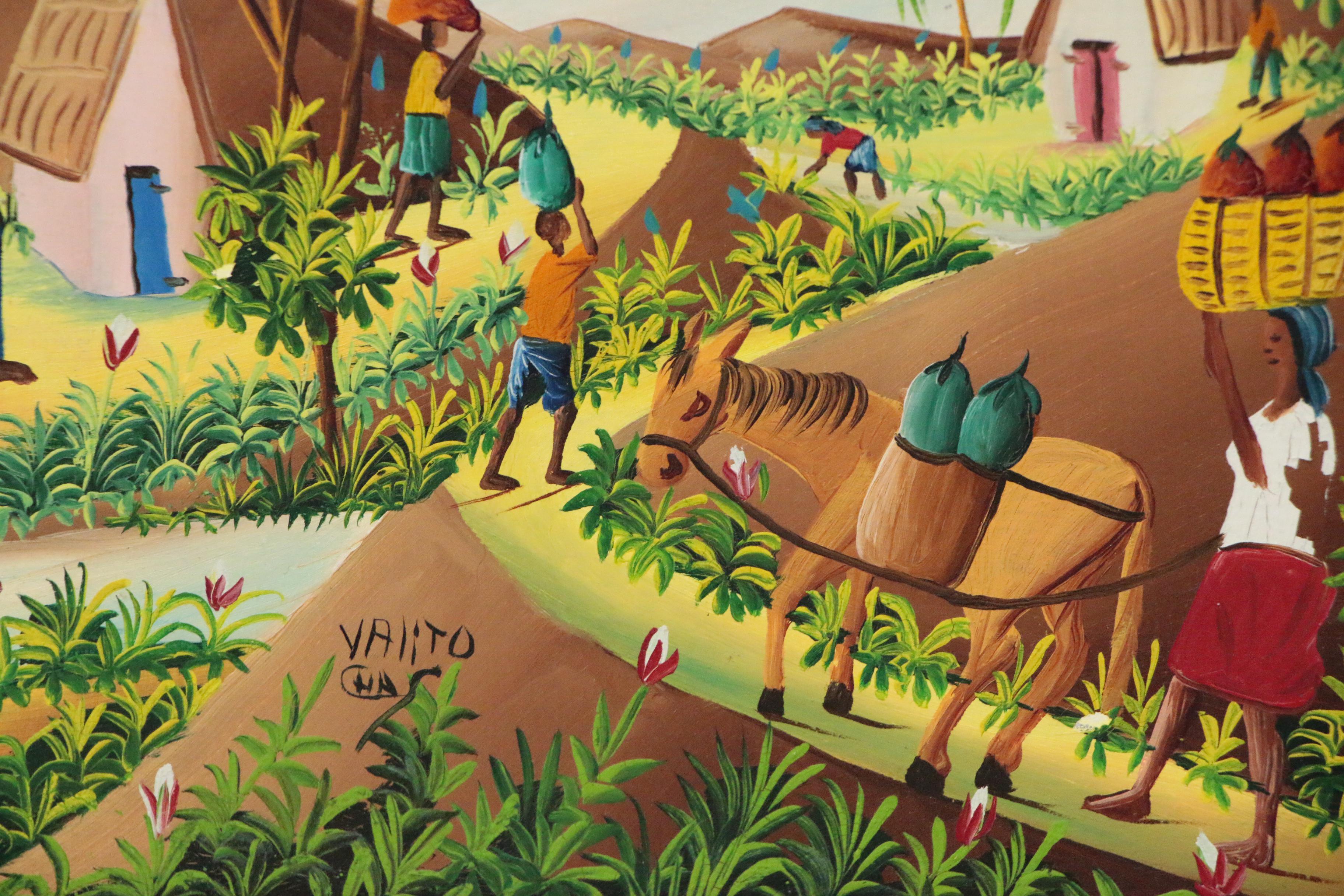 Charles Valito Haitian Folk Oil Painting of Figures in Tropical Village