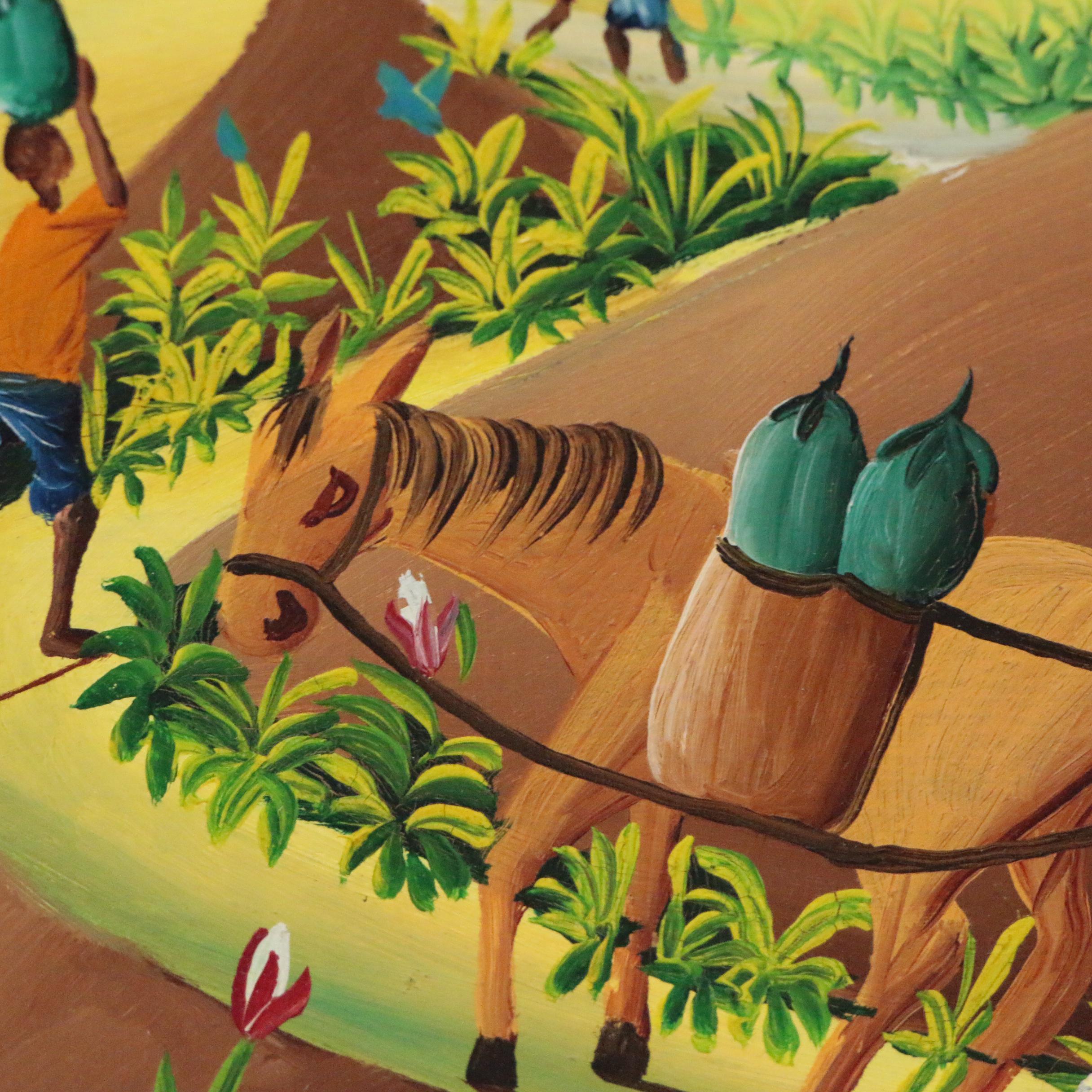 Charles Valito Haitian Folk Oil Painting of Figures in Tropical Village