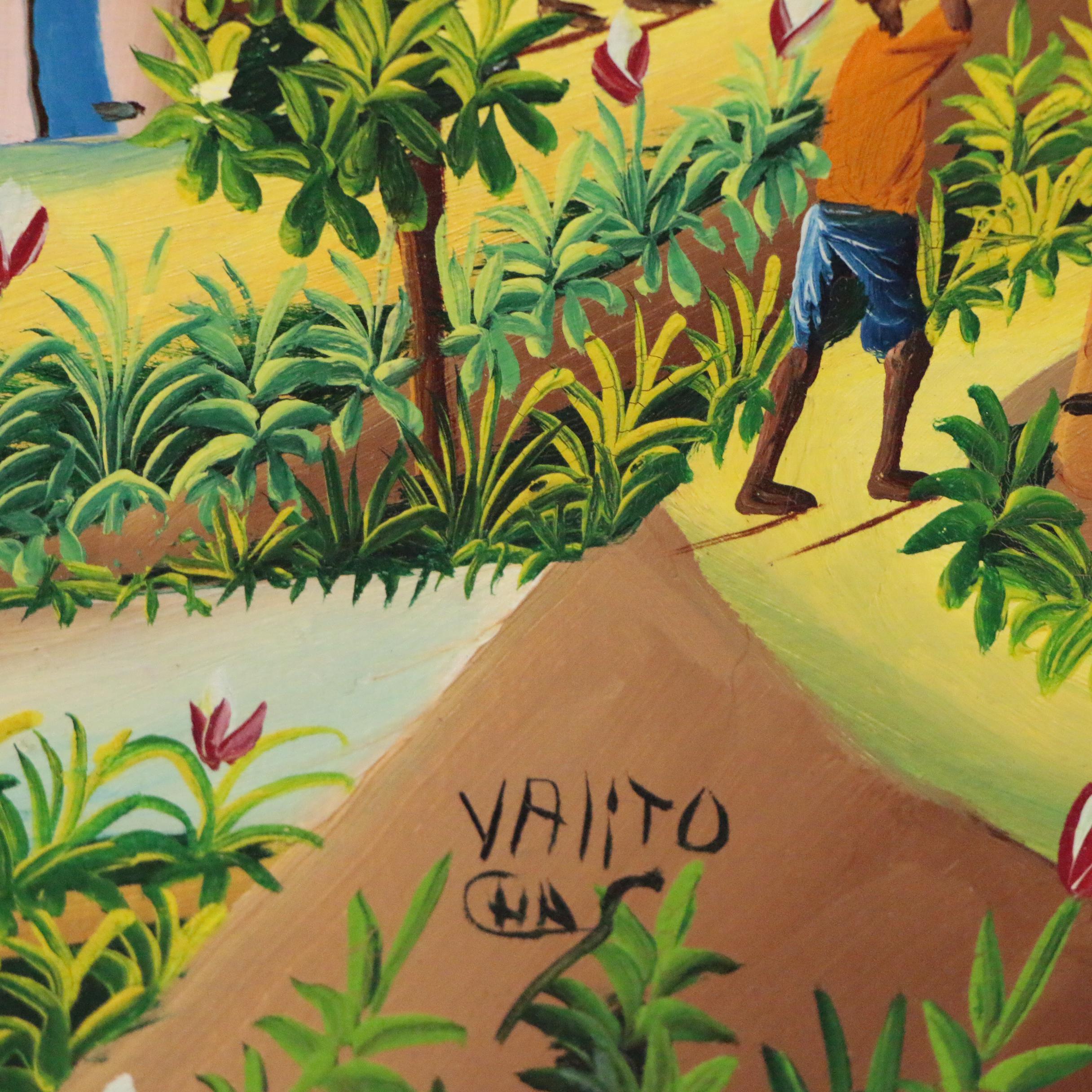 Charles Valito Haitian Folk Oil Painting of Figures in Tropical Village
