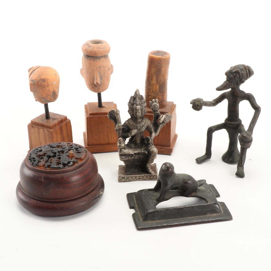 Asian Bronze, Wood and Ceramic Figurines and Stamper