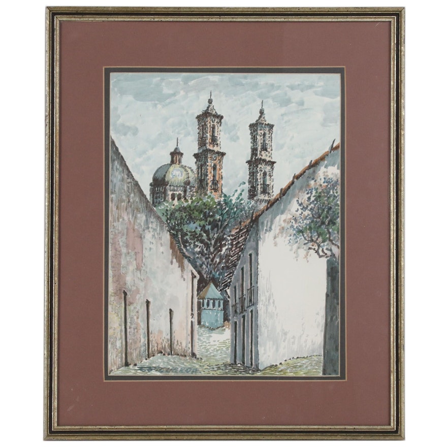 Watercolor Painting of Mexican Street Scene, 20th Century