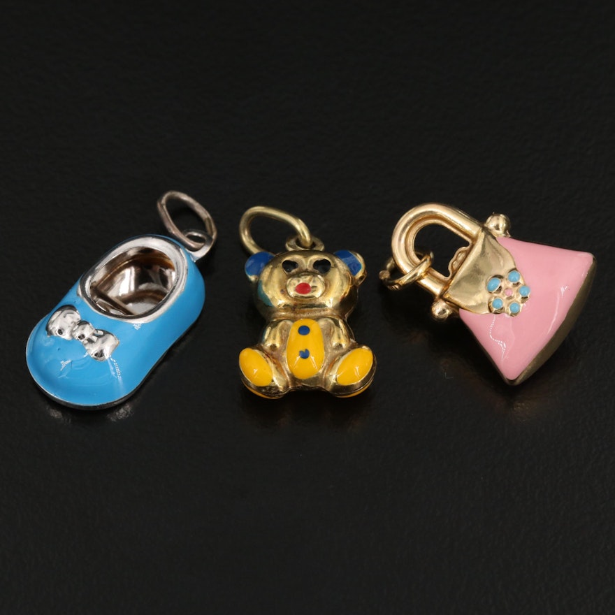 14K Enamel Charms Featuring a Teddy Bear, Shoe and Purse