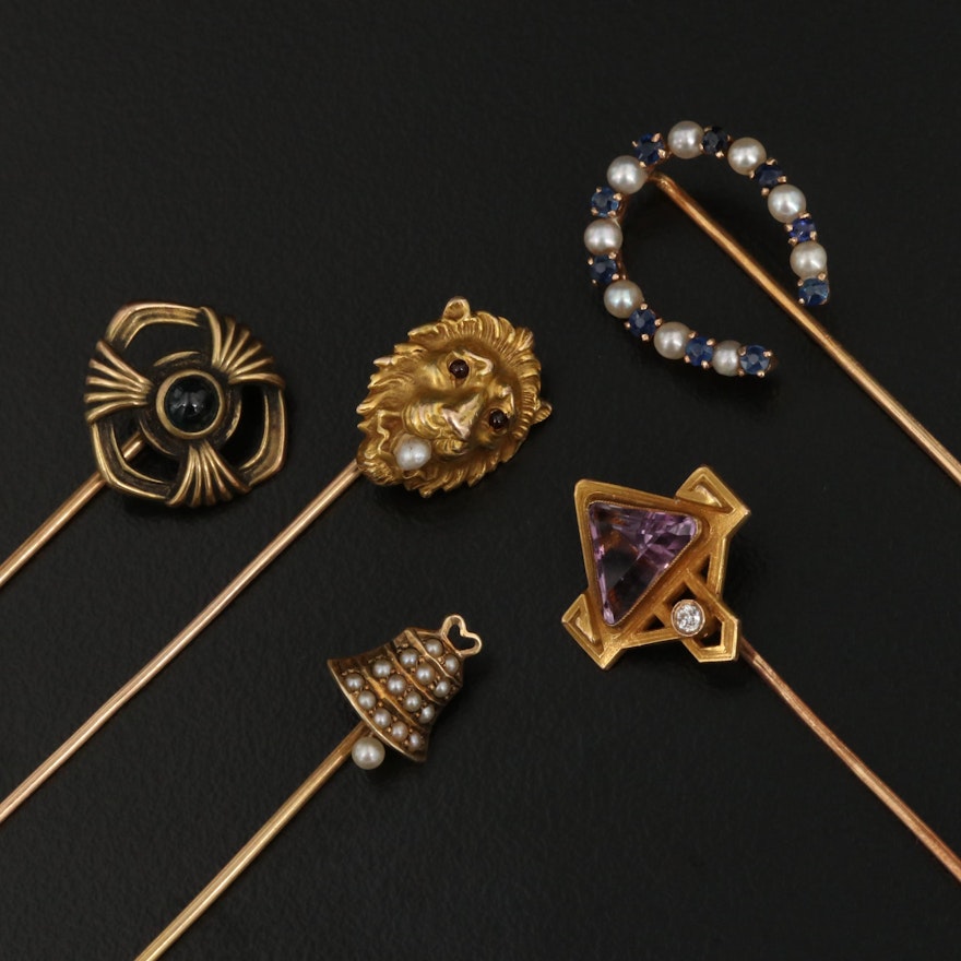Vintage 14K Amethyst, Diamond, Pearl, Sapphire Stick Pin Selection