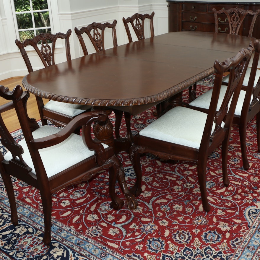 Chippendale Style Mahogany Double Pedestal Dining Table and Chairs, Late 20th C.