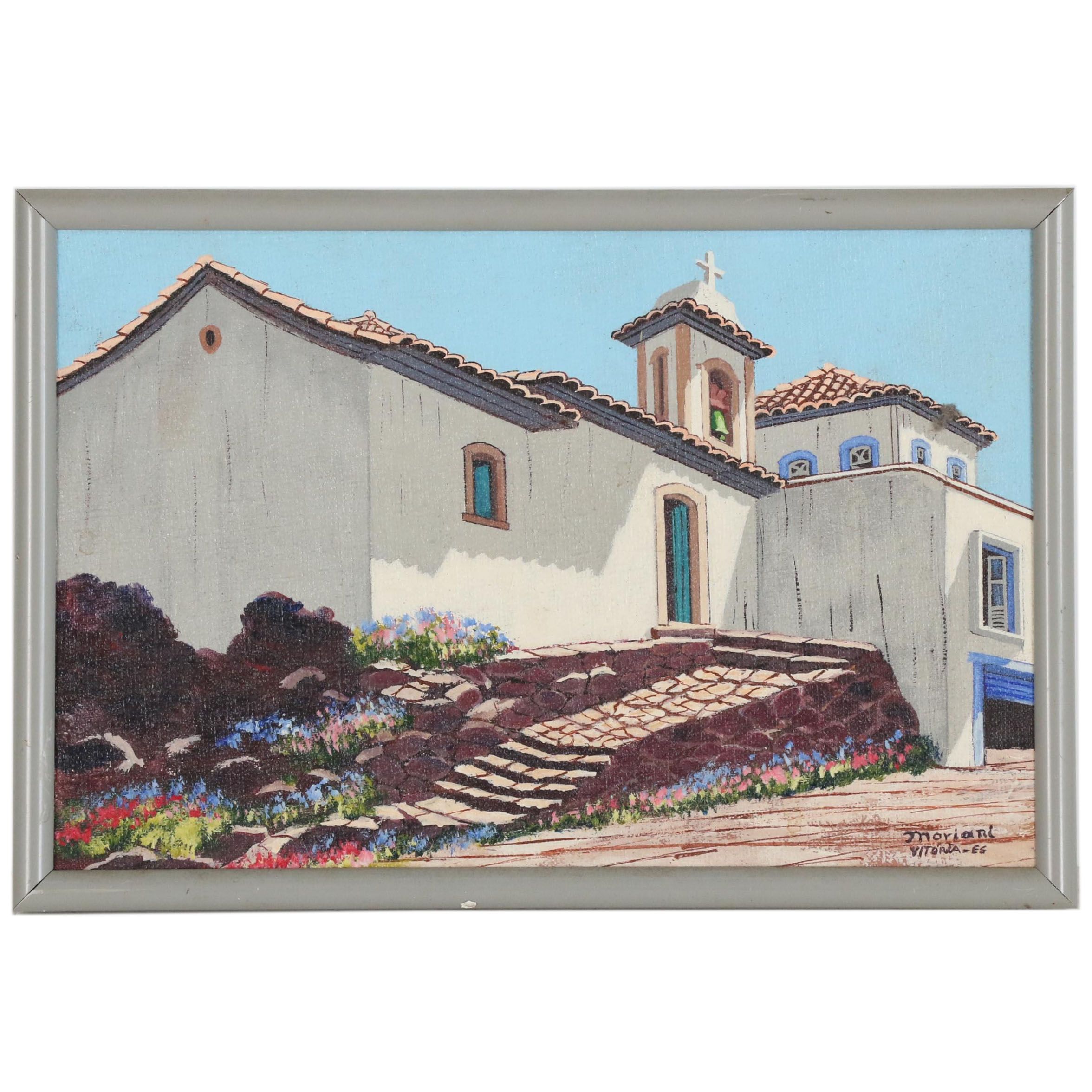 Hugo Moriani Oil Painting of Mission Style Church in Vitoria, Brazil