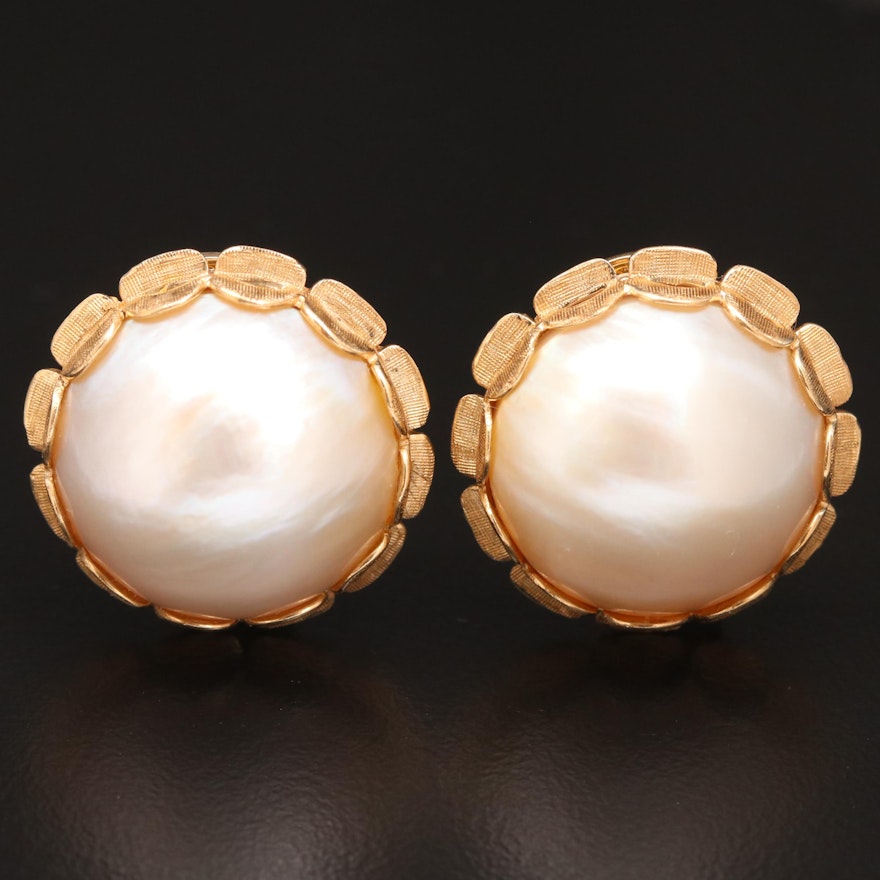 Vintage 14K Mabé Pearl Scalloped Button Clip Earrings