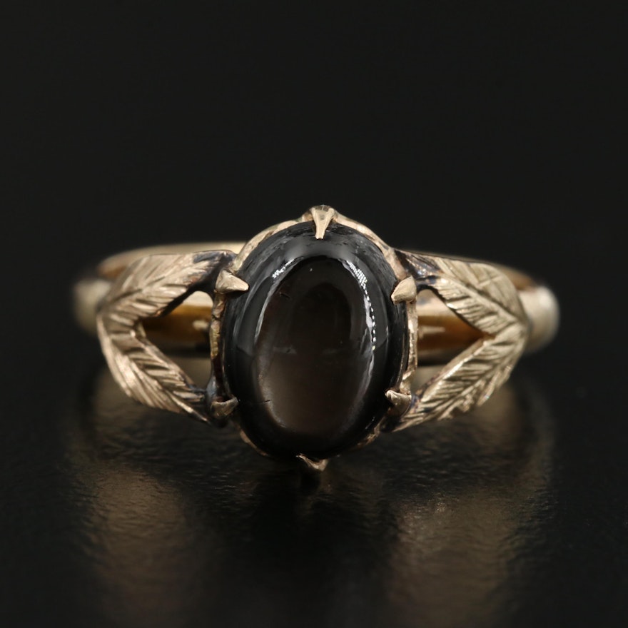 14K Black Star Sapphire Ring with Foliate Design