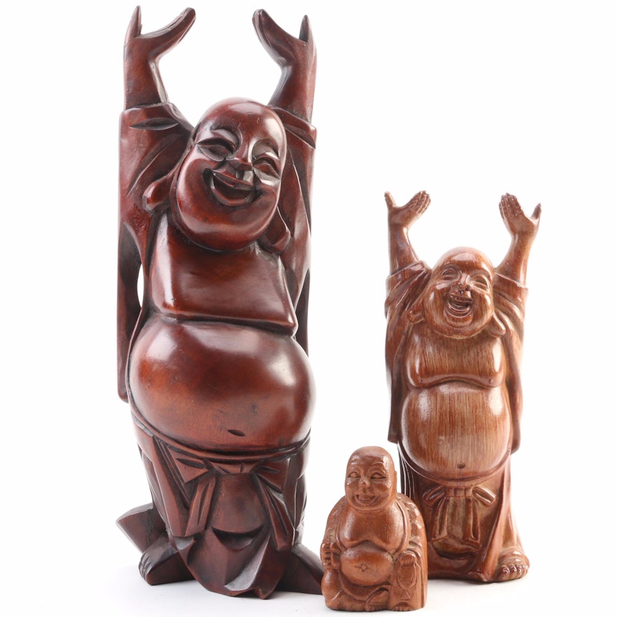 Hand-Carved Laughing Buddha Wood and Resin Figurals, Late 20th century