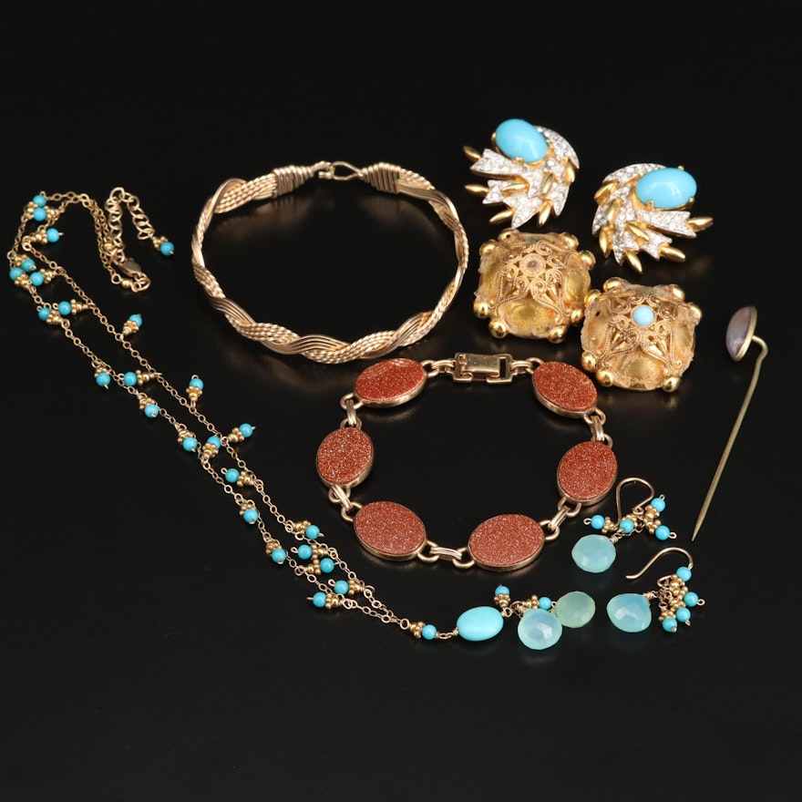 Assorted Goldstone Glass and Gemstone Jewelry Featuring Joseph Mayer Earrings