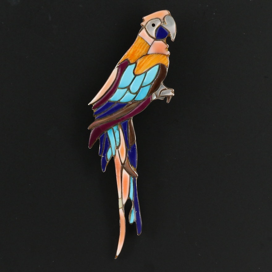 Sterling Parrot Brooch with Inlaid Turquoise, Mother of Pearl and Spiny Oyster