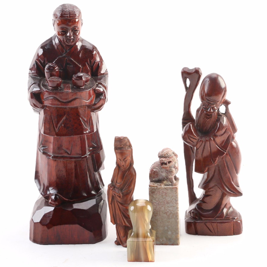 Asian Carved Wood Figurines with Stone Guardian Dog and Resin Hankos