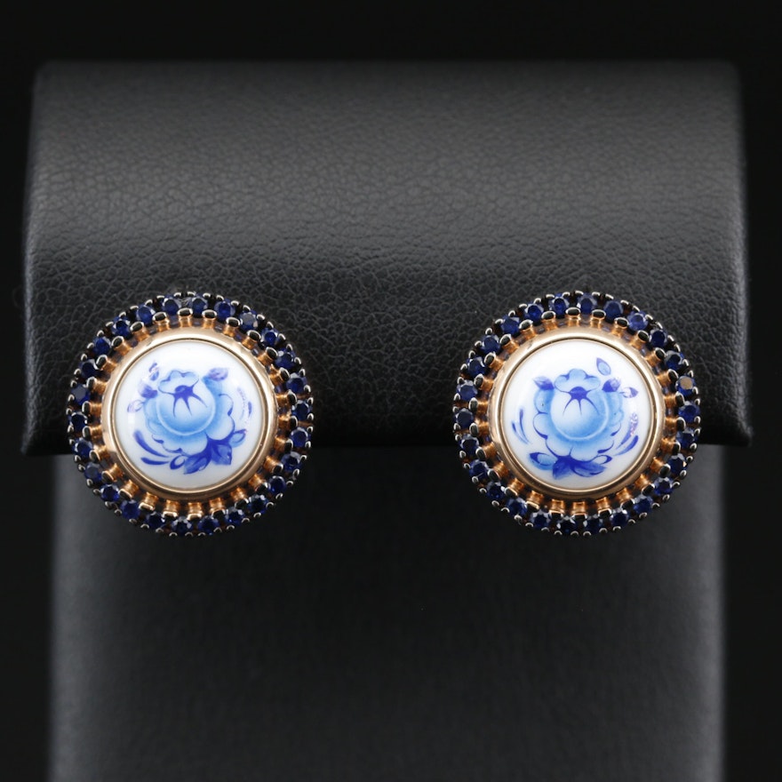 Russian 14K Rose Gold Porcelain and Sapphire Earrings