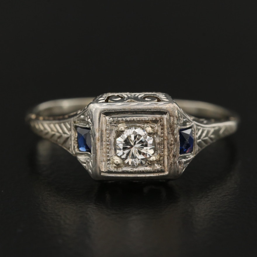 1930s 18K Diamond and Sapphire Ring