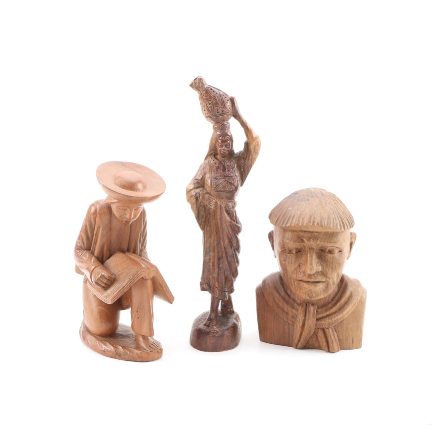 Ecuadorian and Middle Eastern Hand Carved Wood Figures, Late 20th Century