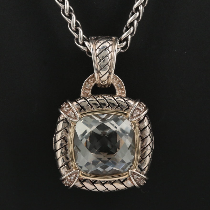 Sterling Silver Prasiolite and Diamond Enhancer Pendant Necklace with 14K Accent