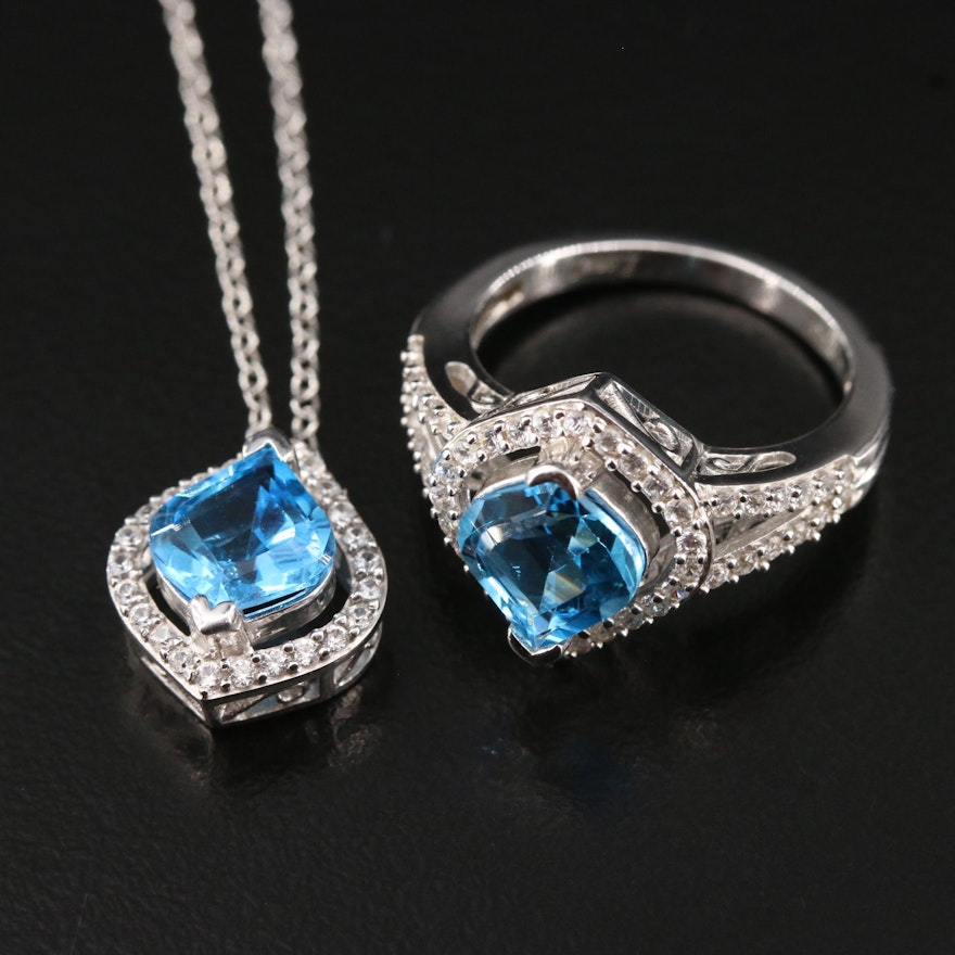 Matching Sterling Silver Topaz Ring and Pendant Necklace Set