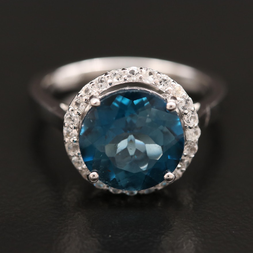 Sterling Silver Blue Topaz Ring with White Topaz Halo