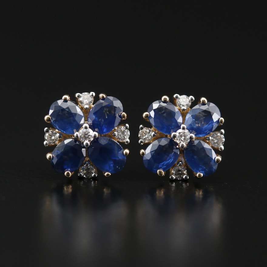 14K Sapphire and Diamond Floral Stud Earrings