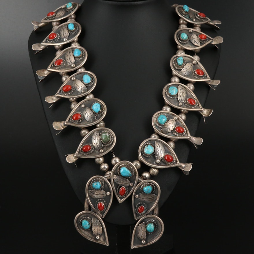 Sterling Silver Turquoise and Coral Squash Blossom Necklace