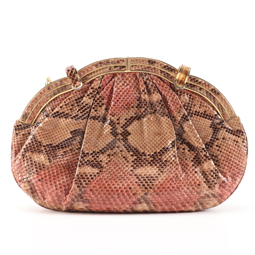 Judith Leiber Python Snakeskin Scalloped Flex Frame Clutch, Vintage