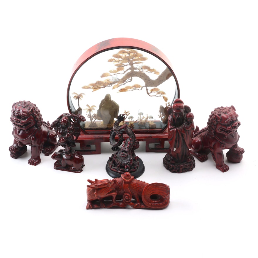 Buddha Aquatic Diorama With Resin Palace Lion, Dragon, and Human Figurines