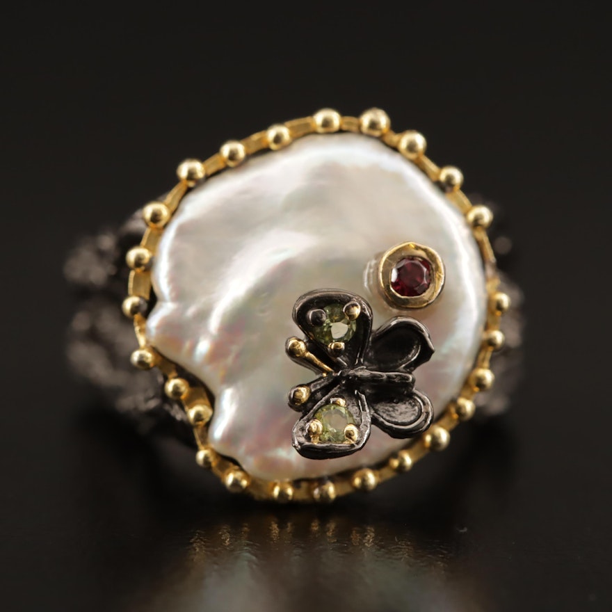 Sterling Silver Pearl, Garnet and Peridot Ring with Butterfly Motif
