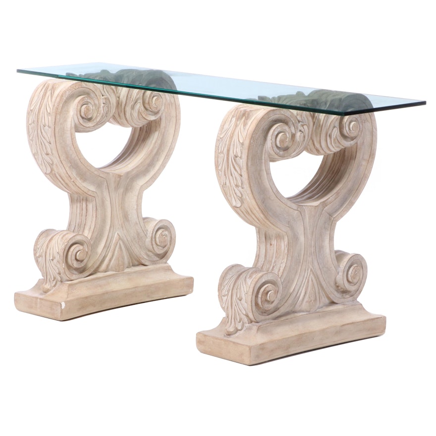 Rococo Style Painted Dual Pedestal Glass Top Console Table