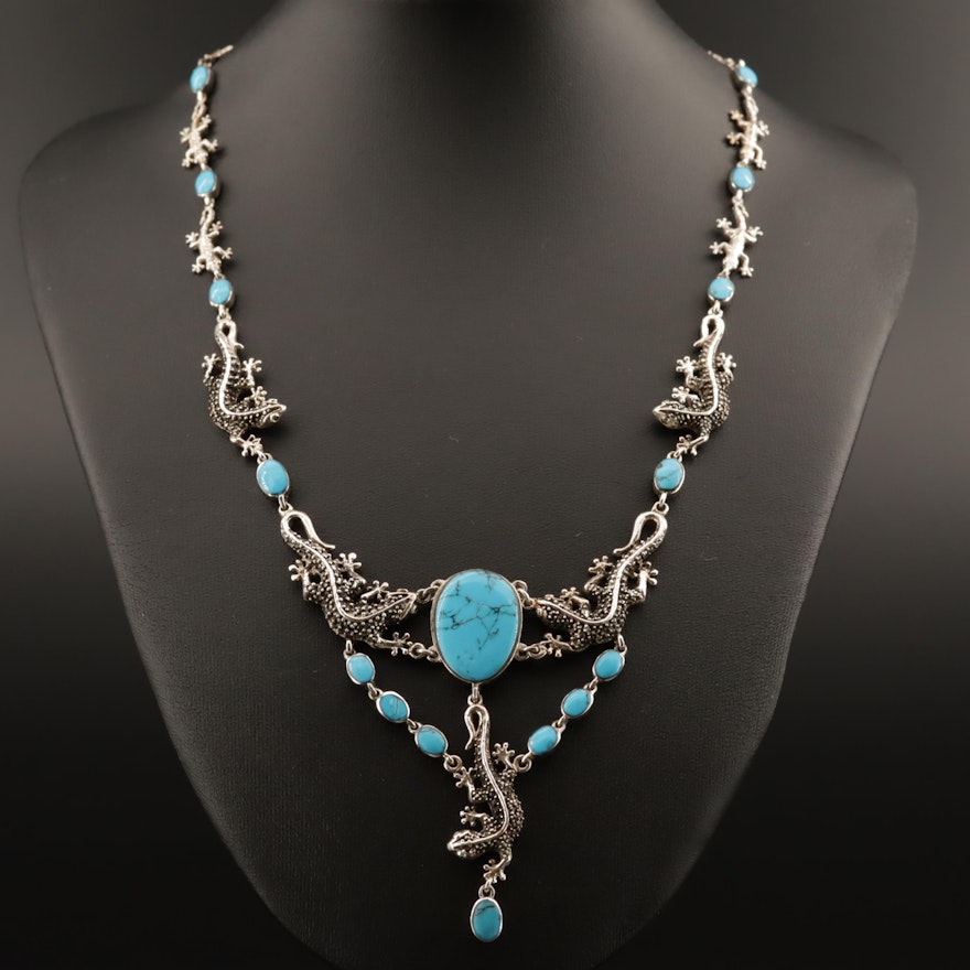 Sterling Silver Faux Turquoise and Marcasite Gecko Link Necklace