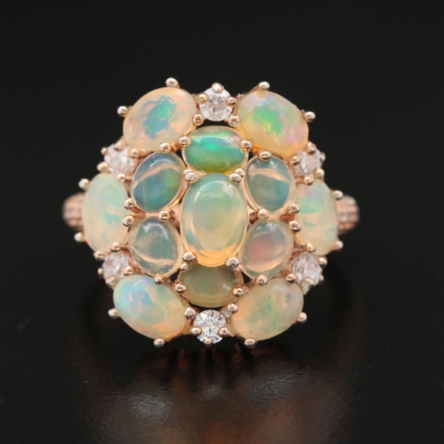 Sterling Silver Opal and Cubic Zirconia Cluster Ring