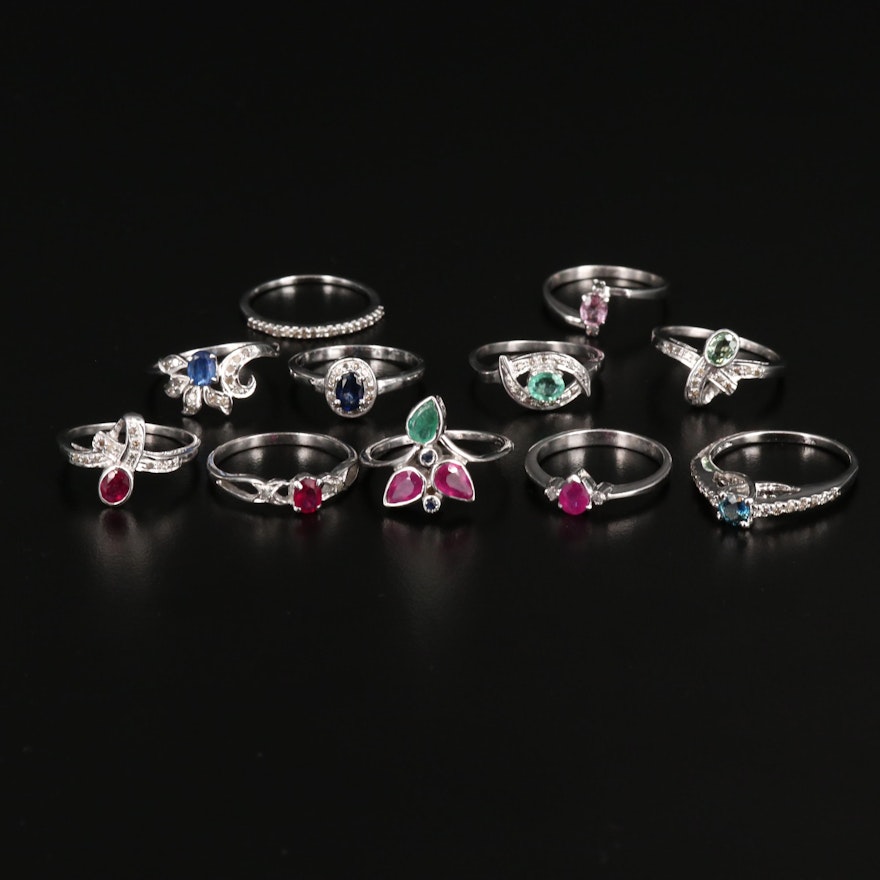 Assortment of Sterling, Emerald, Sapphire and Diamond Rings